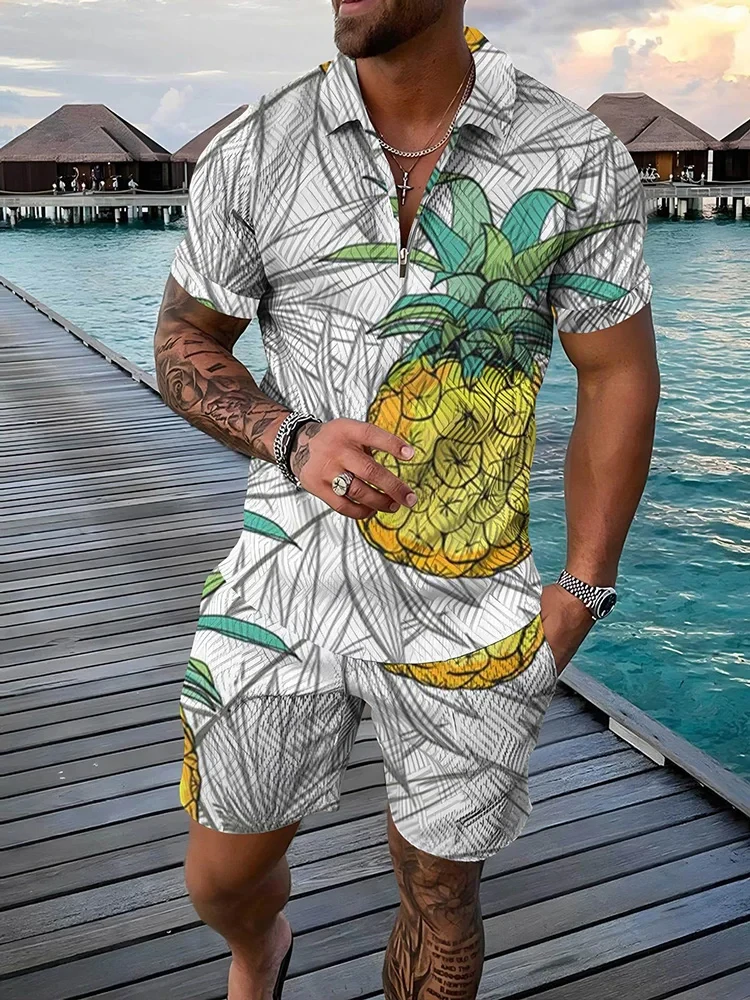 

Casual Daily Set 3D Printed Tropical Fruit Men's two-piece set, Zipper polo, Summer wear, Beach Vacation Style