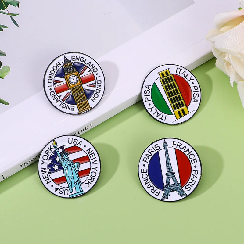 Creative Landscape Brooch Alarm Clock Architecture Iron Tower Lady Liberty Pattern Badge Clothes Bag Hat Pin Accessories