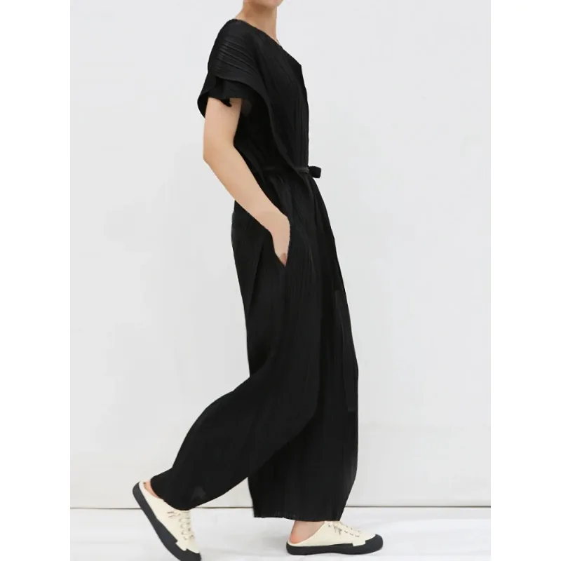 GGHK Miyake Jumpsuit lipit wanita, Jumpsuit warna Solid leher V lengan pendek desain perban kasual Retro longgar ukuran besar