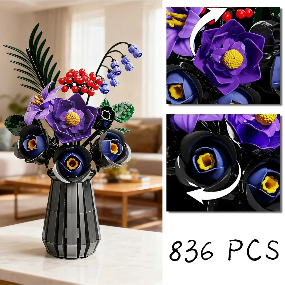 

836PCS Dark Romance Gothic Bouquet Building Blocks Flower With Vase Model Educational DIY Home Decoration Gift For Kids Adults