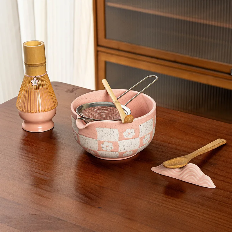 Pink Matcha Set, 8 Pcs Matcha Kit, Cherry Blossom + Plaid Pattern Matcha Bowl Set Starter Kit for  Lovers