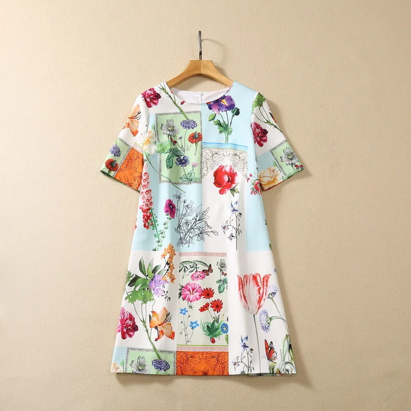 

European and American women's clothing 2023 autumn new Round neck Short-sleeved flower Pattern printing Fashion dress