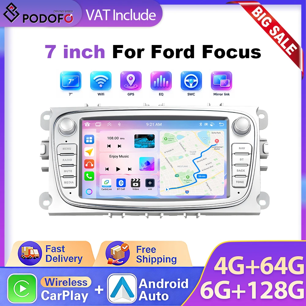 Podofo Autoradio 7" 6+128G CarPlay (Bianco) per Ford Focus Mondeo C-MAX S-MAX Lettore Multimediale per Auto GPS WIFI Ricevitore Stereo 2DIN FM RDS Bluetooth Autoradio Unità Centrale per Cruscotto