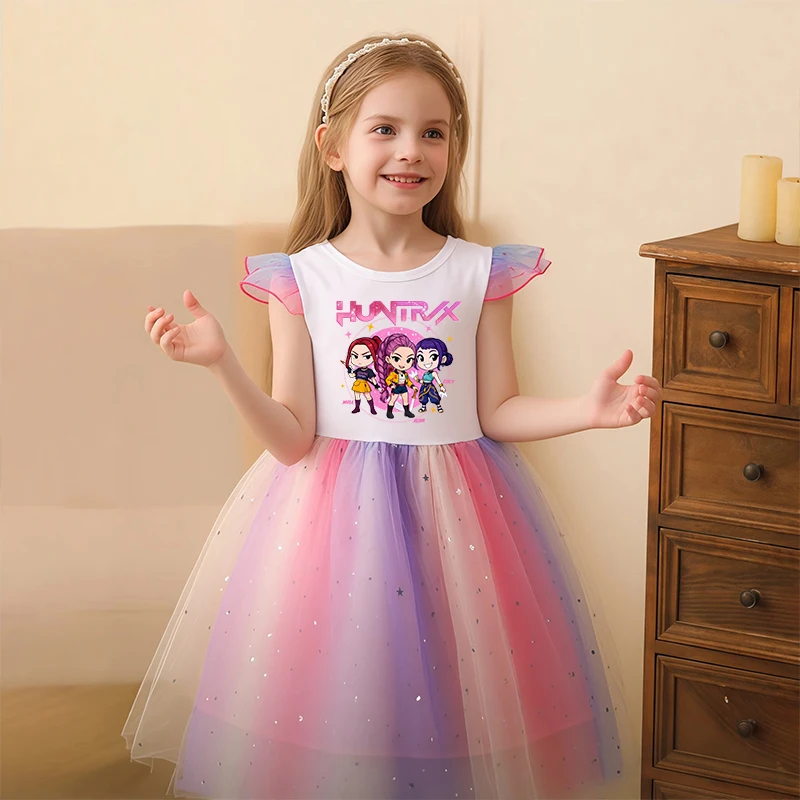 KPop Demon Hunters ropa de dibujos animados vestidos de verano para chico para niñas vestido de princesa de manga corta de dibujos animados vestidos de malla para graduación para niños