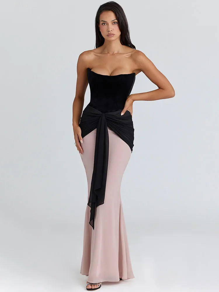 Blifanbo Strapless Sexy Ribbon Maxi Dress Women Gown Ruched Contrast Color Patchwork Bodycon Sleeveless Club Party Dress Elegant