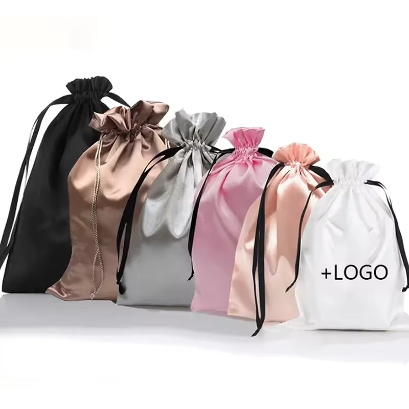 300pcs/Lot Wholesale Custom Logo Printed Silk Drawstring Promotion Bags Satin Pouches For Packaging Hair Extensions Packaging