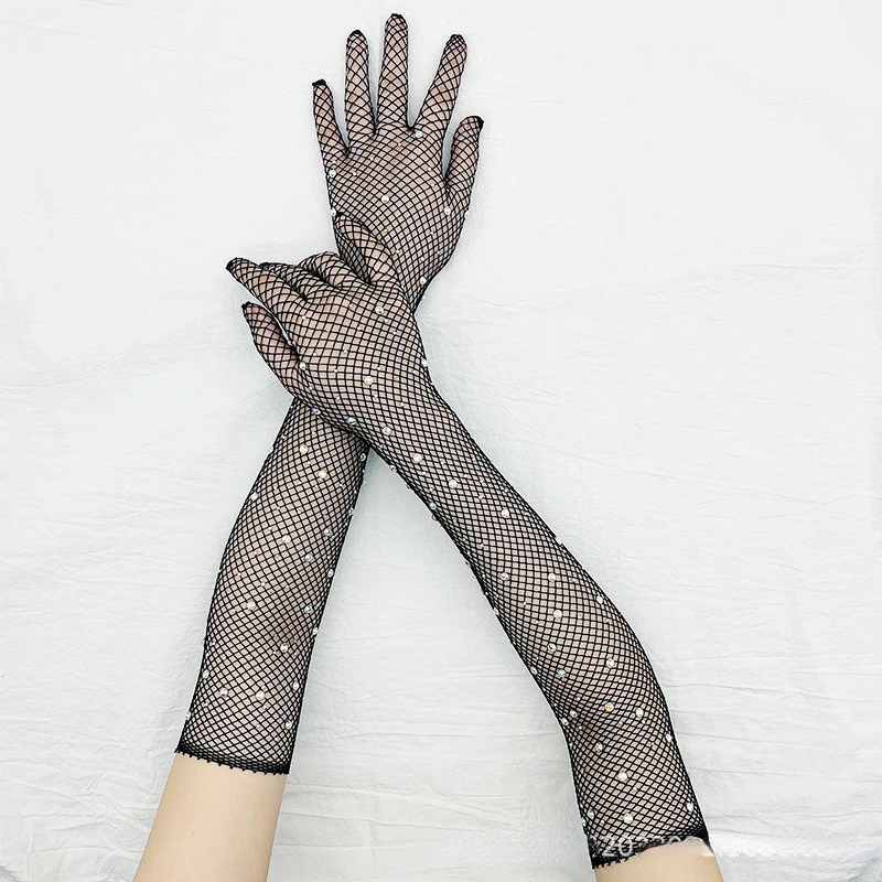 Gants longs en maille avec strass, filet de pêche ajouré pour femmes, gants de Cosplay fantaisie en résille, noir, blanc, rouge