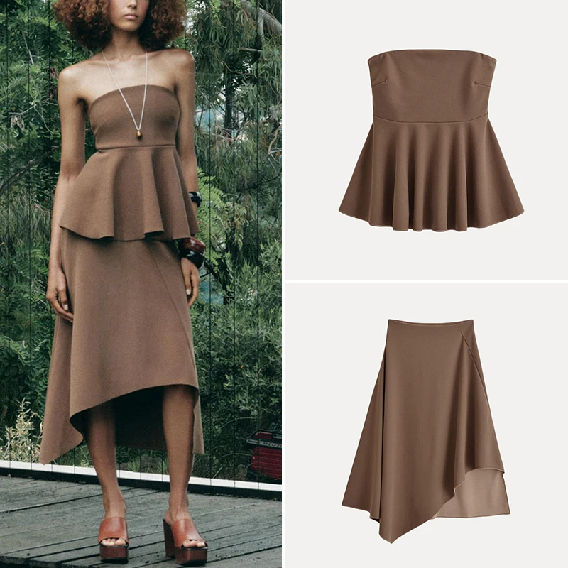 

Z Women's Faion Set Summer 2025 Asymmetrical Midi Skirt And Top Outfit Polyester Fiber ort Sve round Ne Design