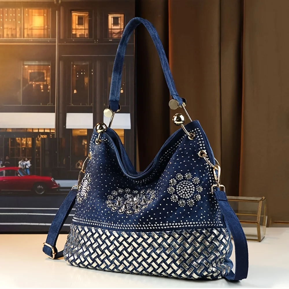 

Ladies' fashionable and elegant woven diamond embellished tote bag, large capacity personalized gradient handbag