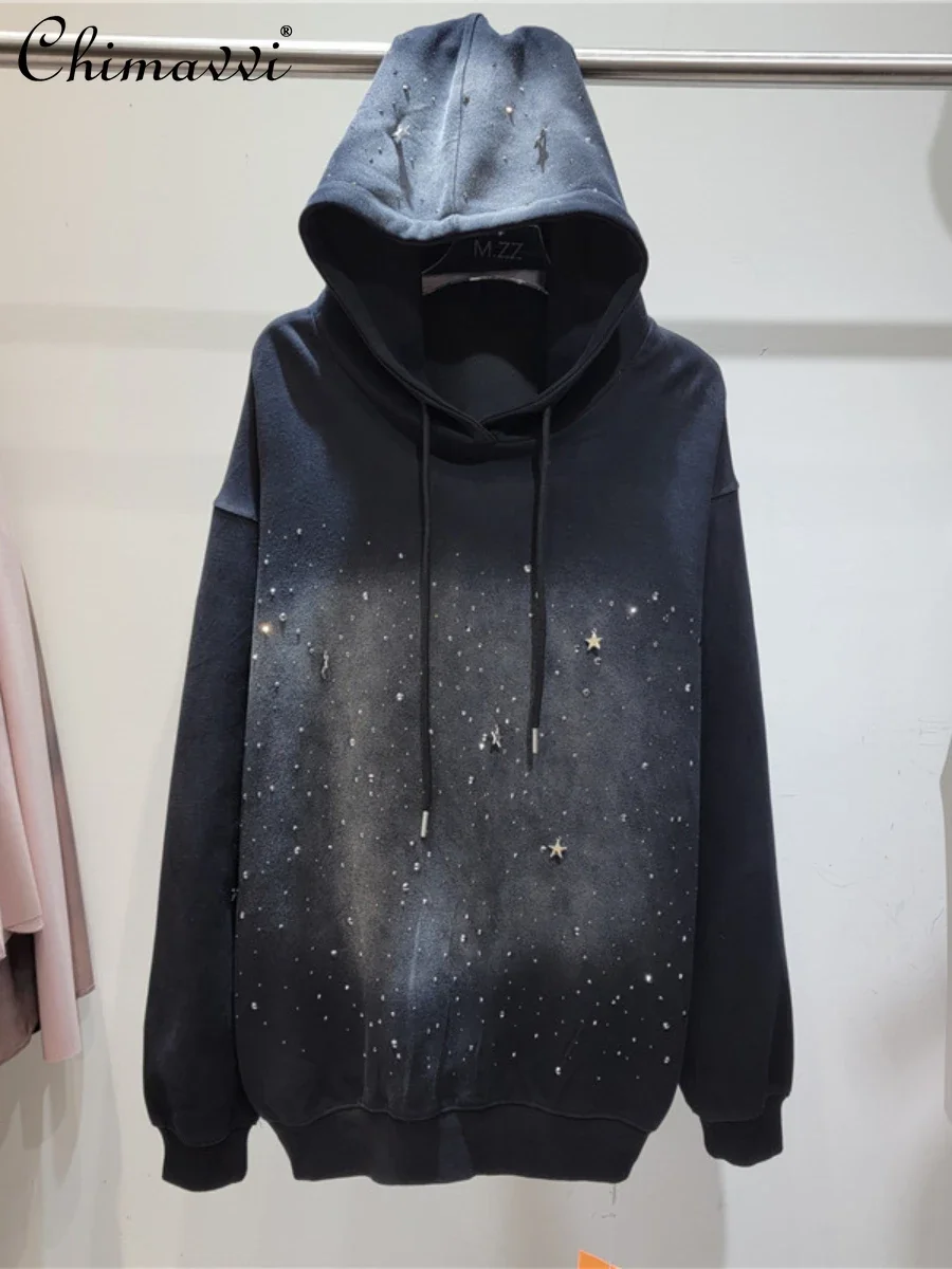 European Station Autumn Fashion Gradient Color Matching Rhinestone Hoodies Pullover Loose Hooded Casual Long Sleeve Sweatshirt