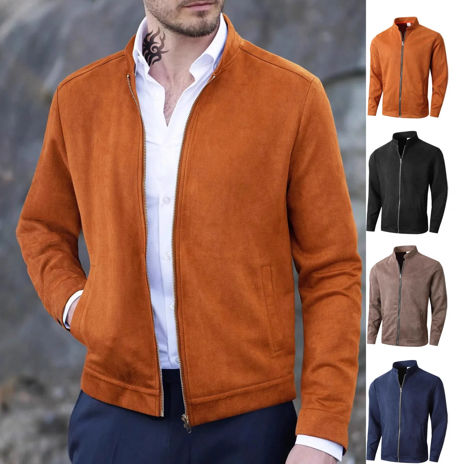 

Autumn Winter 2025 New Fashion Men's Solid Color Stand Collar Long Sleeve Zipper Casual Trendy Cardigan Male Jacket Coat Clothes