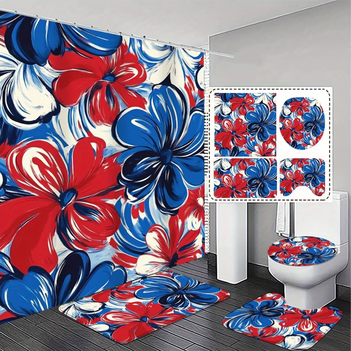 

4pcs Patriotic Red White Blue Floral Bathroom Set - High Quality Shower Curtain, Non-Slip Rugs, and Toilet Lid Cover for