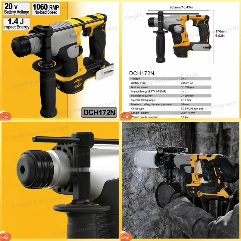 DCH172N Cordless Hammer Drill 20V MAX Brushless SDS Plus Rotary Hammer Drill for Concrete Brick Stone