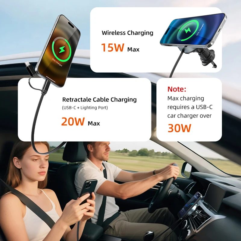 CABLETIME Caricabatterie wireless per auto 2 in 1 Ricarica rapida massima 15 W e cavo Lightning da 20 W Tipo C per iPhone HUAWEI XIAOMI