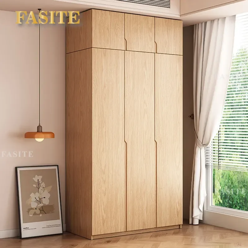 Solid Wood Wardrobe Modern Simple Bedroom Closet with Drawers Flat Door Locker