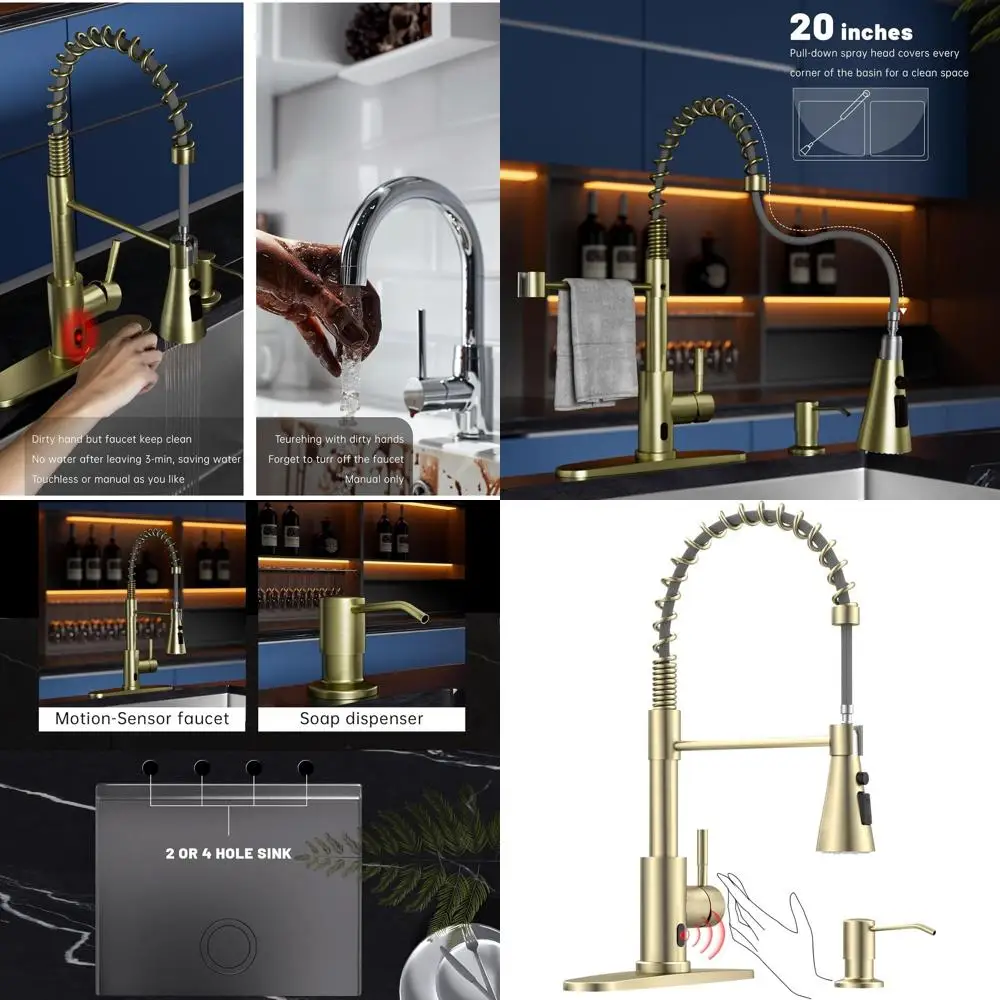 

Touchless Pull-Down Kitchen Faucet with High Arc, Brushed Gold Finish, Motion Sensor and Soap Dispenser