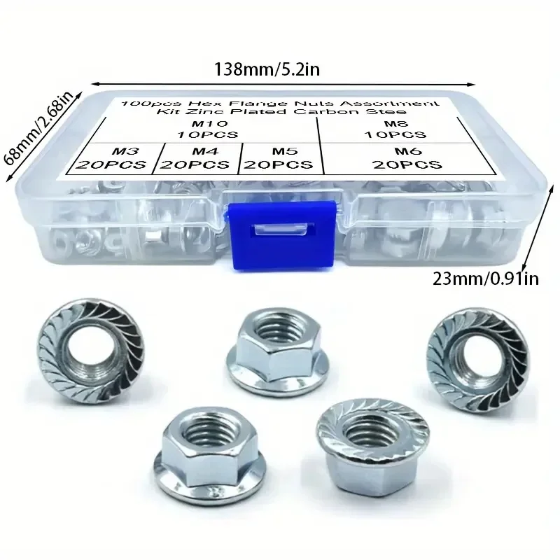 

100pcs Hex Flange Nut Carbon Steel Hexagon Serrated Spinlock Lock Nut Set M3 M4 M5 M6 M8 M10 Assortment Kit