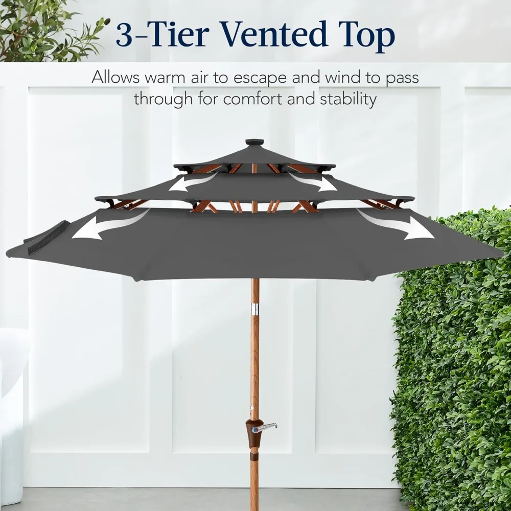 

10ft 3-Tier Solar Patio Market Umbrella, Outdoor Sun Shade for Backyard, Deck,Table w/Woodgrain Pattern, Tilt Adjustment - Gray
