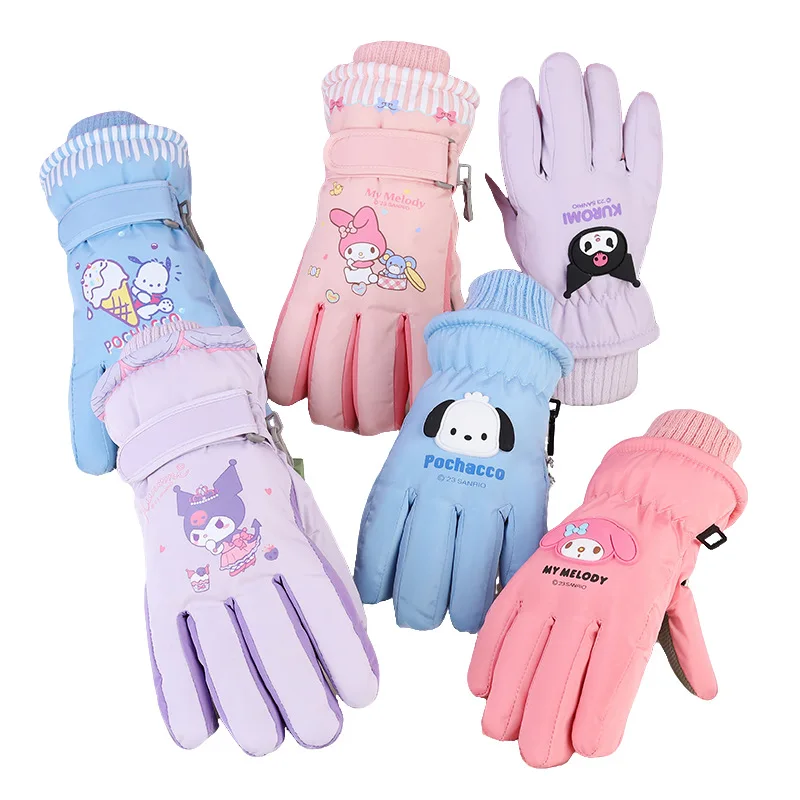 MINISO echte Sanrio kinderen Kuromi Melody Skiën en Spelen Sneeuw Student Waterdichte Antislip Verdikte Fleece Warme Handschoenen
