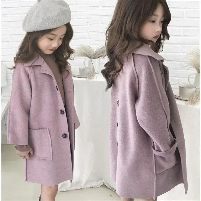 Cappotto per ragazze nuovo cappotto stile straniero 2024 medio lungo bifacciale imitazione Cashmere soprabito per bambini Trench Fashion