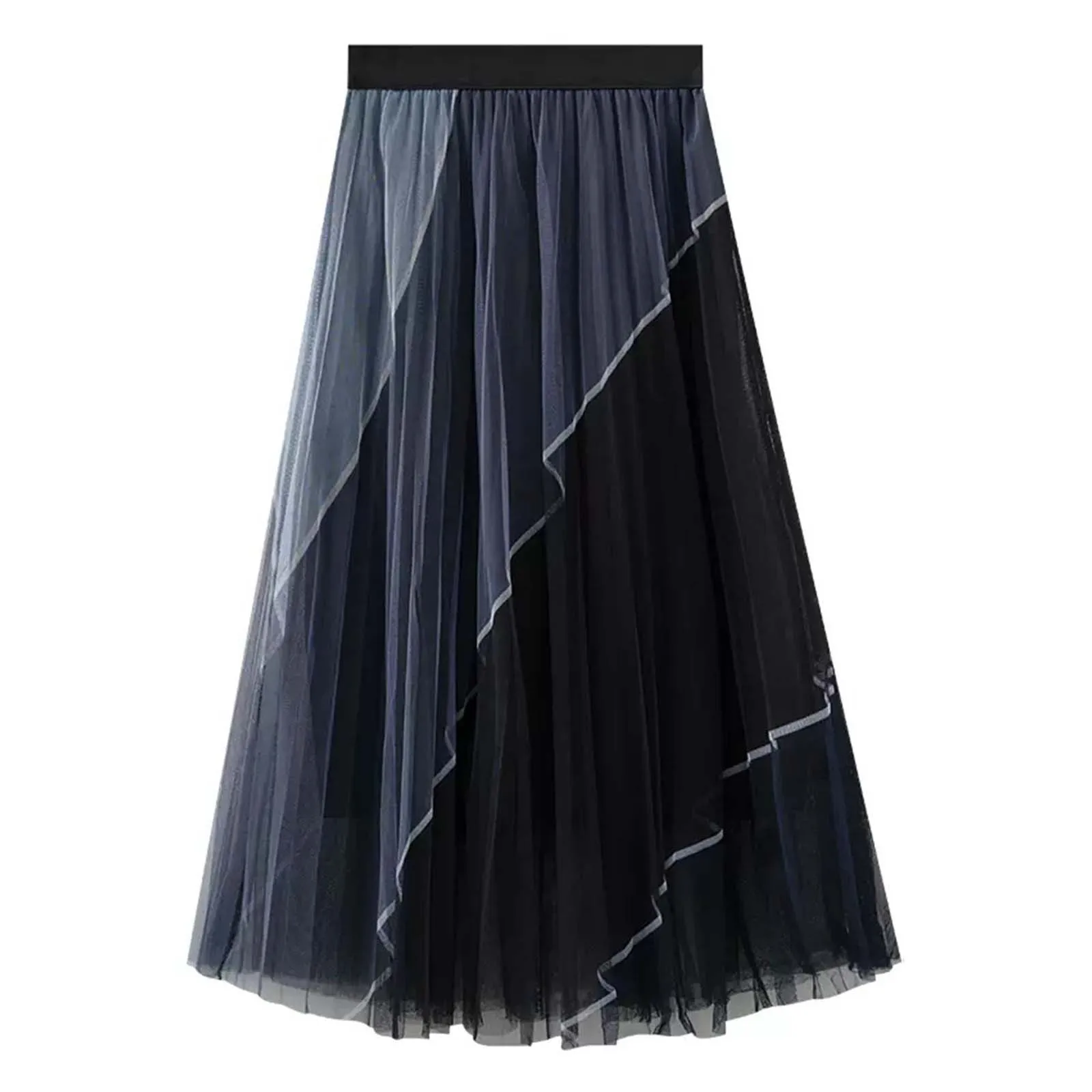 Women's Fashion Irregular Color Block Patchwork Mesh Half Length Skirt Super Fairy Skirt High Waist Pleated Large Swing Skirt