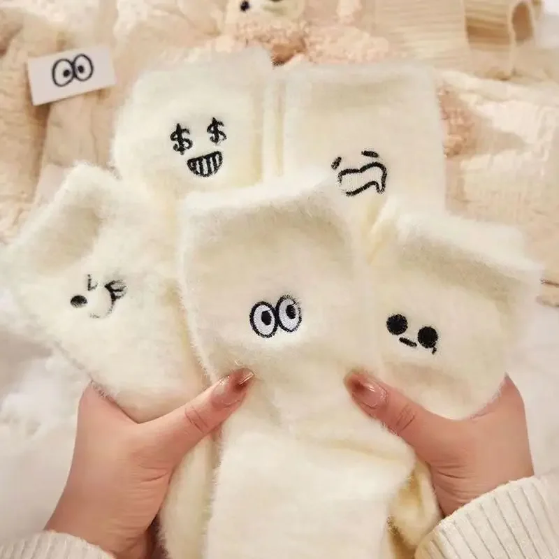 Women Funny Socks White Winter Warm Socks Smile Cute Kawaii Anime Floor Socks Lolita Y2k Thicken Fuzzy Socks