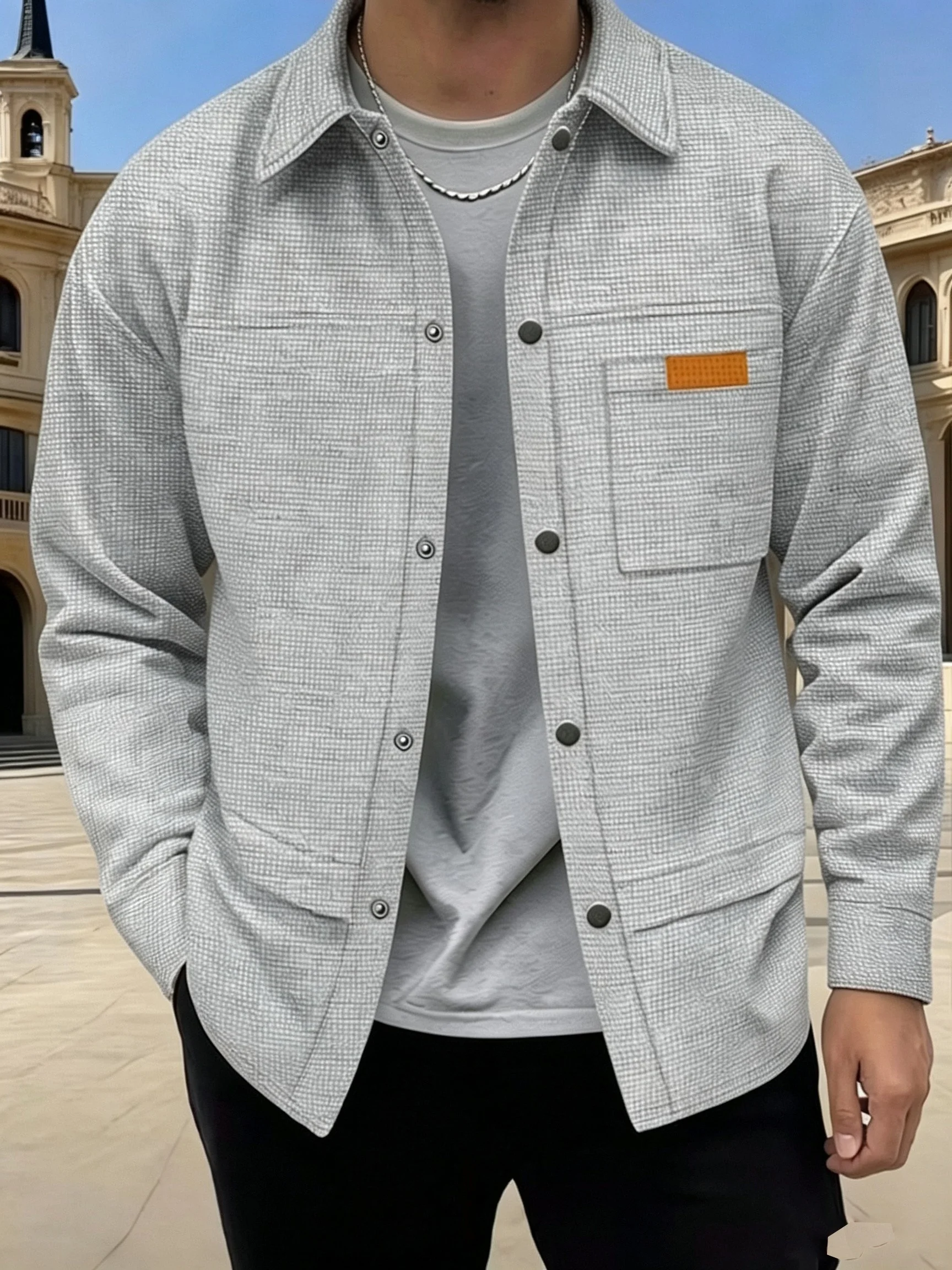 Men's Lightweight Waffle Knit Shacket Casual Lapel Long Sleeve Overshirt with Chest Pocket Button-Up Utility Jacket
