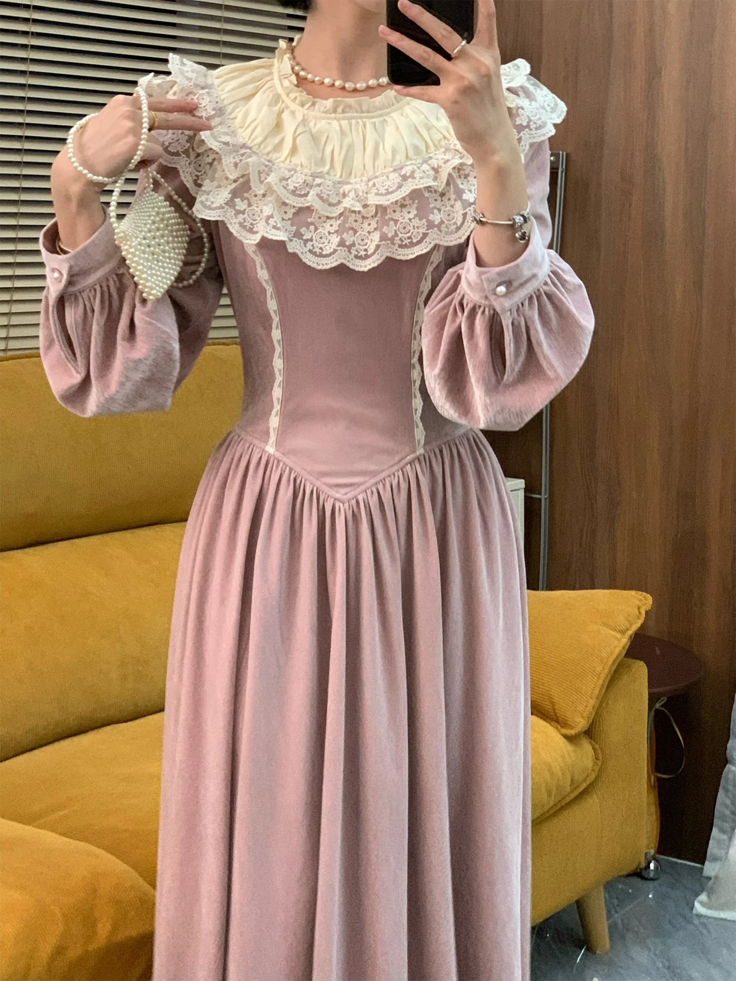 TIYIHAILEY Spring Autumn Velvet Women Printed Dress Full Sleeve Long Mid-Calf Ladies Clothing XS-XL Vintage High Waist Lace Pink