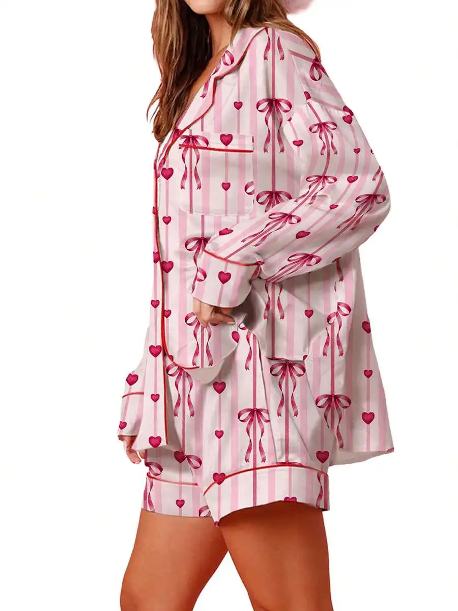 

Womens Valentine Pajama Set Satin Print Button Up Long Sleeve Top And Shorts Lounge Wear