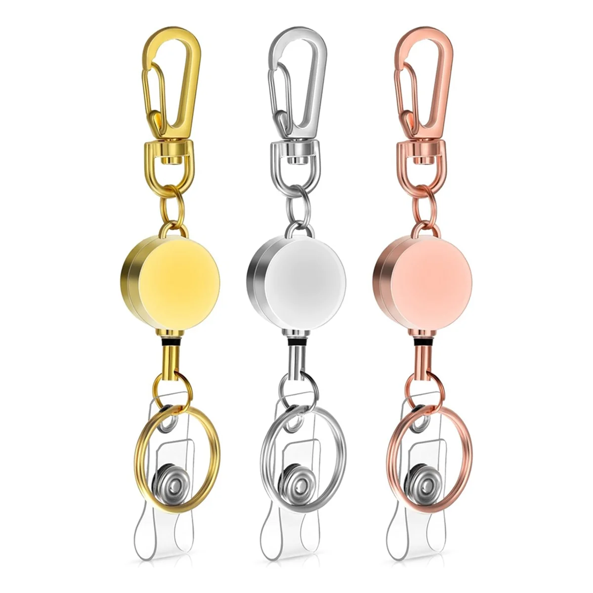 3 Pcs Metal Retractable Badge Reel, Heavy Duty Retractable Keyring Chain Carabiner Keychain Belt Clip ID Badge Holder