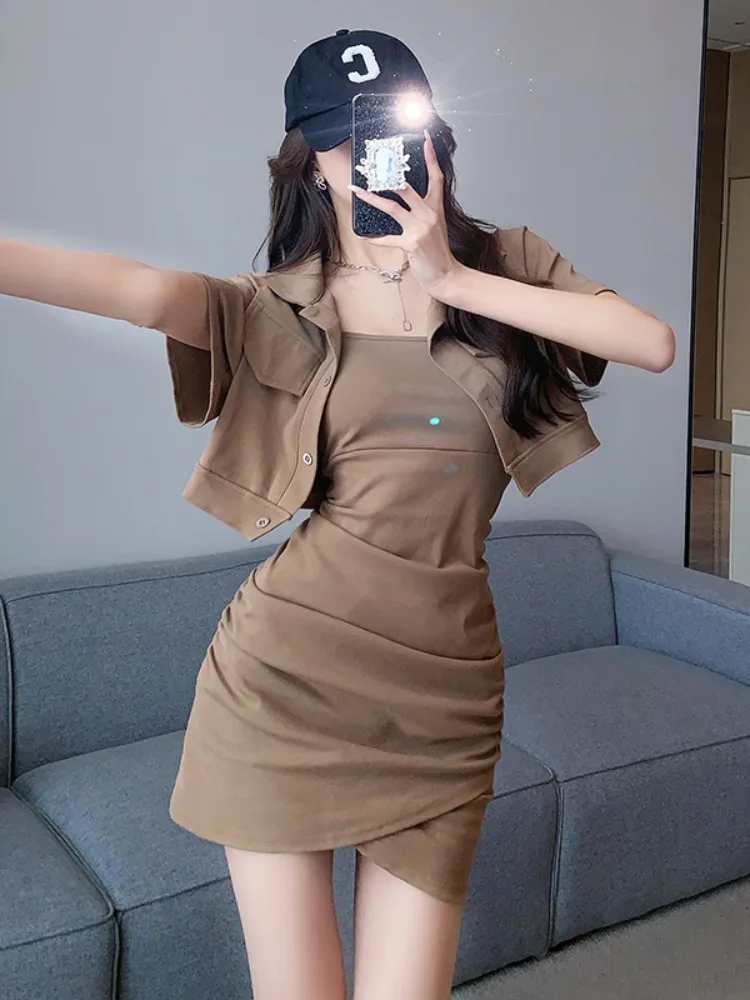 

Spicy Girl Pure Desire Style Halter Dress Women's Spring Summer Korean Version Slimming Short Sleeve Cardigan Set Casual Fashion