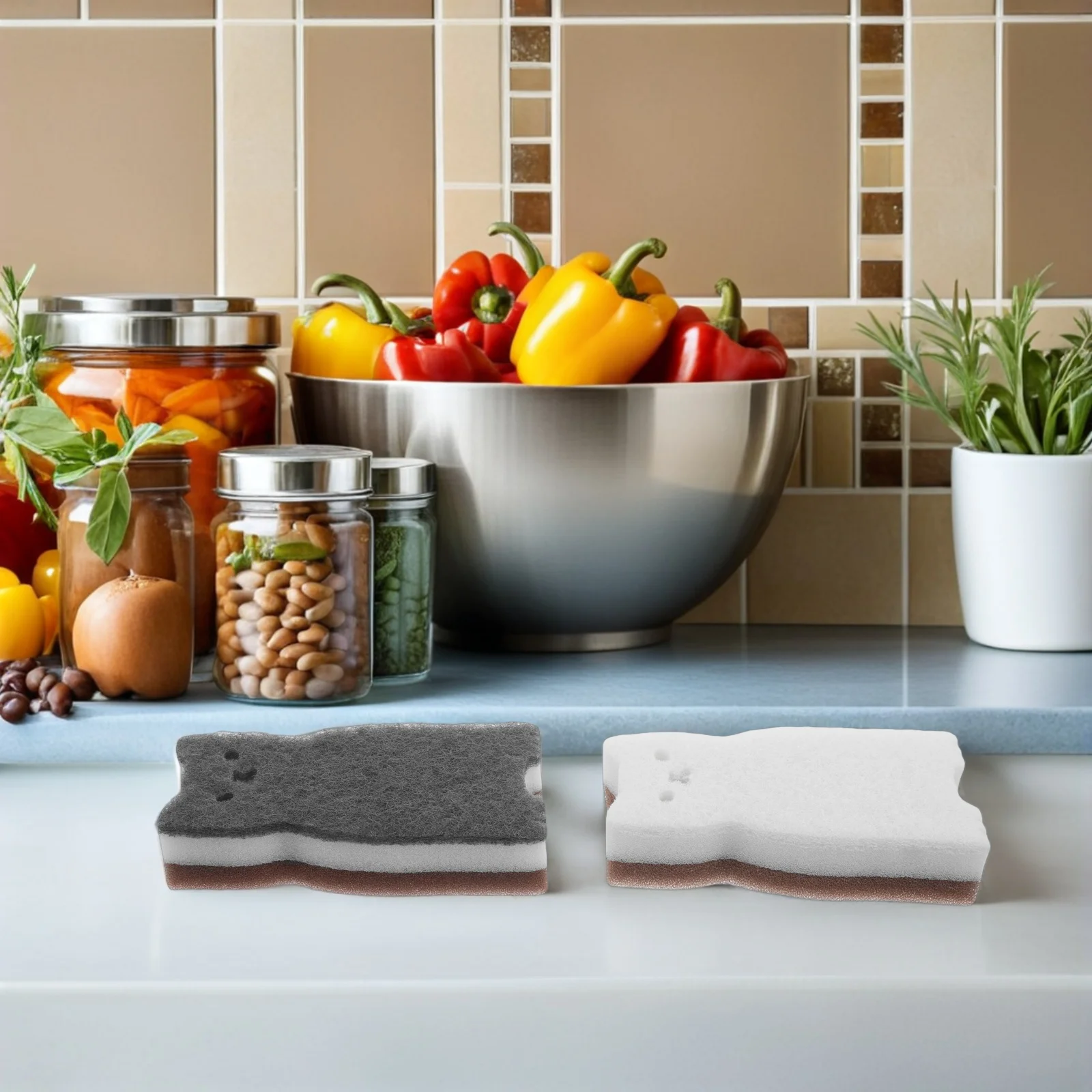 

4Pcs Cat Shaped Kitchen Dish Sponge Dual Sided Scrub Sponges Non Scratch Absorbent Scouring Pads for Pots Pans Bowls Fruits