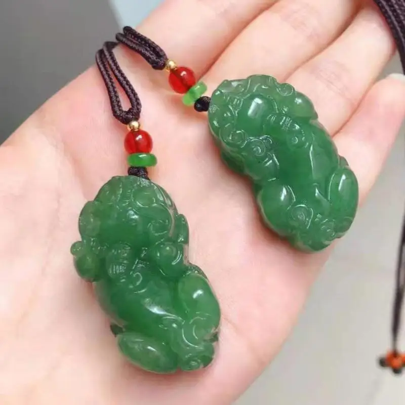 Genuine Myanmar Grade A Jadeite Green Jade Pixiu Pendant With Rope Chain Burma Jade Lucky Charms Amulets Necklace Men Women Gift