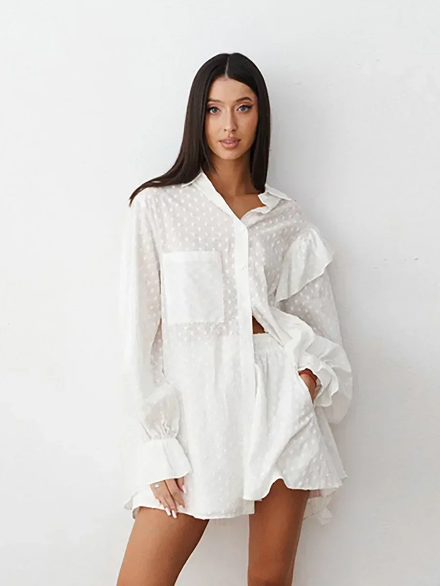 Elegant Jacquard Weave Vacation Shorts Sets 2 Pieces Ruffled Long Sleeve Shirt Cotton Shorts Summer 2024 Office Lady