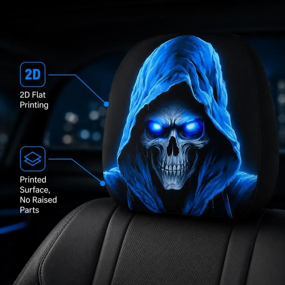 2pcs Blue Ghost Skull Car Headrest Covers • Eerie And Spooky Headrest Protectors for Various Car Models•Nighttime Car Interior