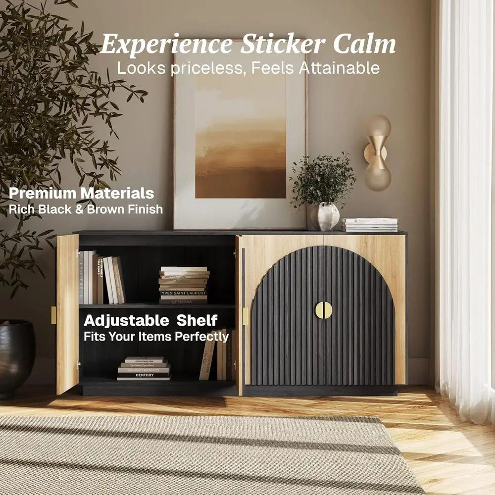 65 Large Camel-Colored Luted Buffet Cabinet with Storage, Symmetrical Arc Design for Dining & Living Spaces