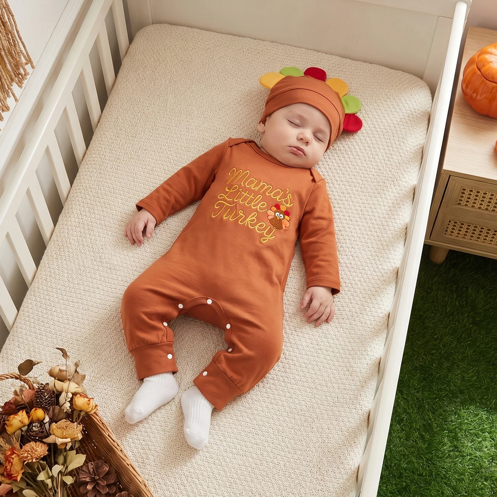 0-6Months Newborn Baby Boy Thanksgiving Outfits Fall Long Sleeve Turkey Embroidery Jumpsuit with Hat 2pcs Sets