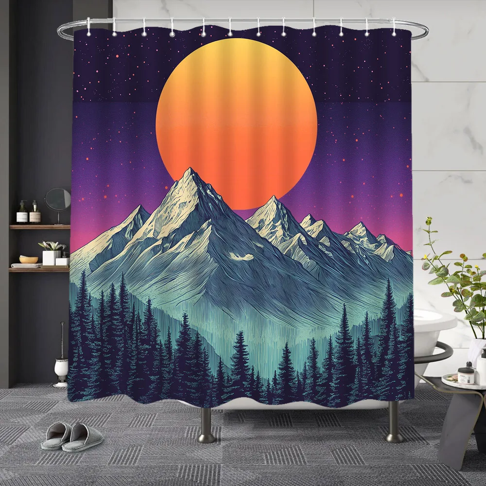 

Majestic Mountain Moon Shower Curtain - 72x72 Inch Polyester with 12 Hooks, Glowing Full Moon & Snow-Capped Peaks Design, Mystic