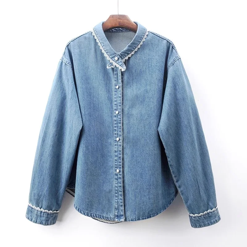 

Korean Lace Lapel Patchwork Denim Shirt Jacket Vintage Washed Dark Blue Light Blue Casual Lapel Long Sleeve Jeans Jacket Coat