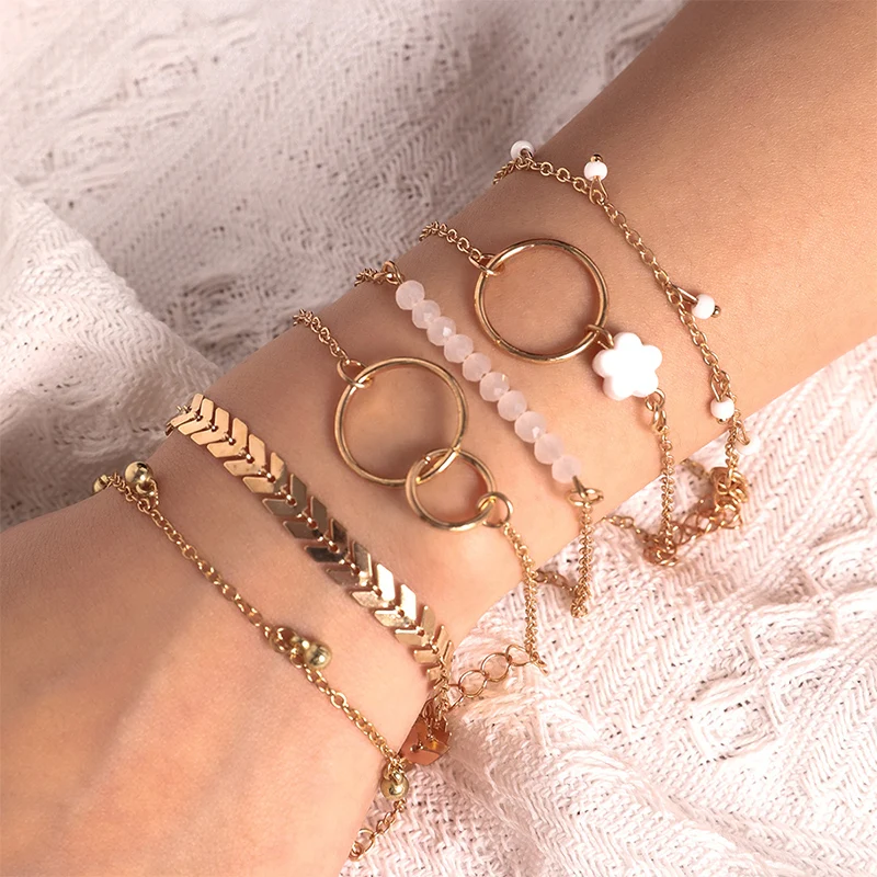 6 PCS Different Style Bracelet Leaf Gold/White Bead Charm Gold/Silver Color Chain Bracelet Women\'s Elegant Stackable Jewelry