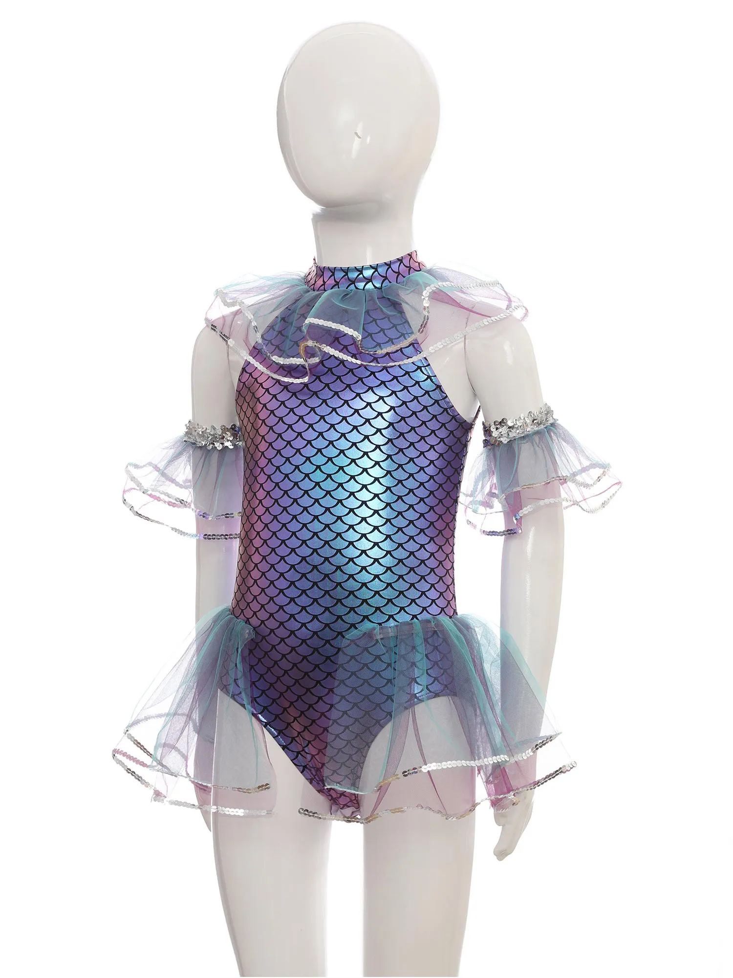 Kinderen meisjes glanzende visschubben print pailletten mesh tutu dans bodysuit met armmouwen Halloween zeemeermin prinses cosplay kostuum