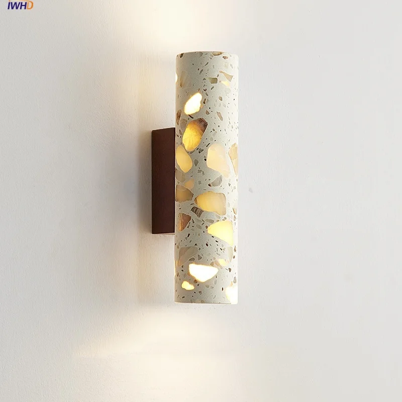 

IWHD Nordic Modern LED Wall Lamp Sconce Home Lighting For Living Room Reading Wood Canopy Column Terrazzo Bathroom Mirror Light