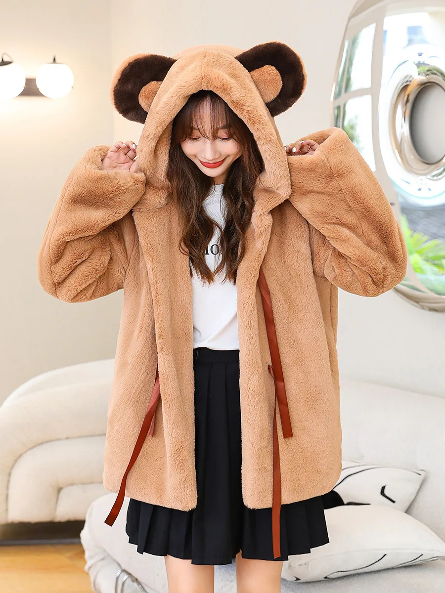 2024New Bear Style Winter Lovely Plush Coat femminile Kawaii Bear Ears spessa con cappuccio Soft Fluffy Faux Rabbit imitazione pelliccia Lolita