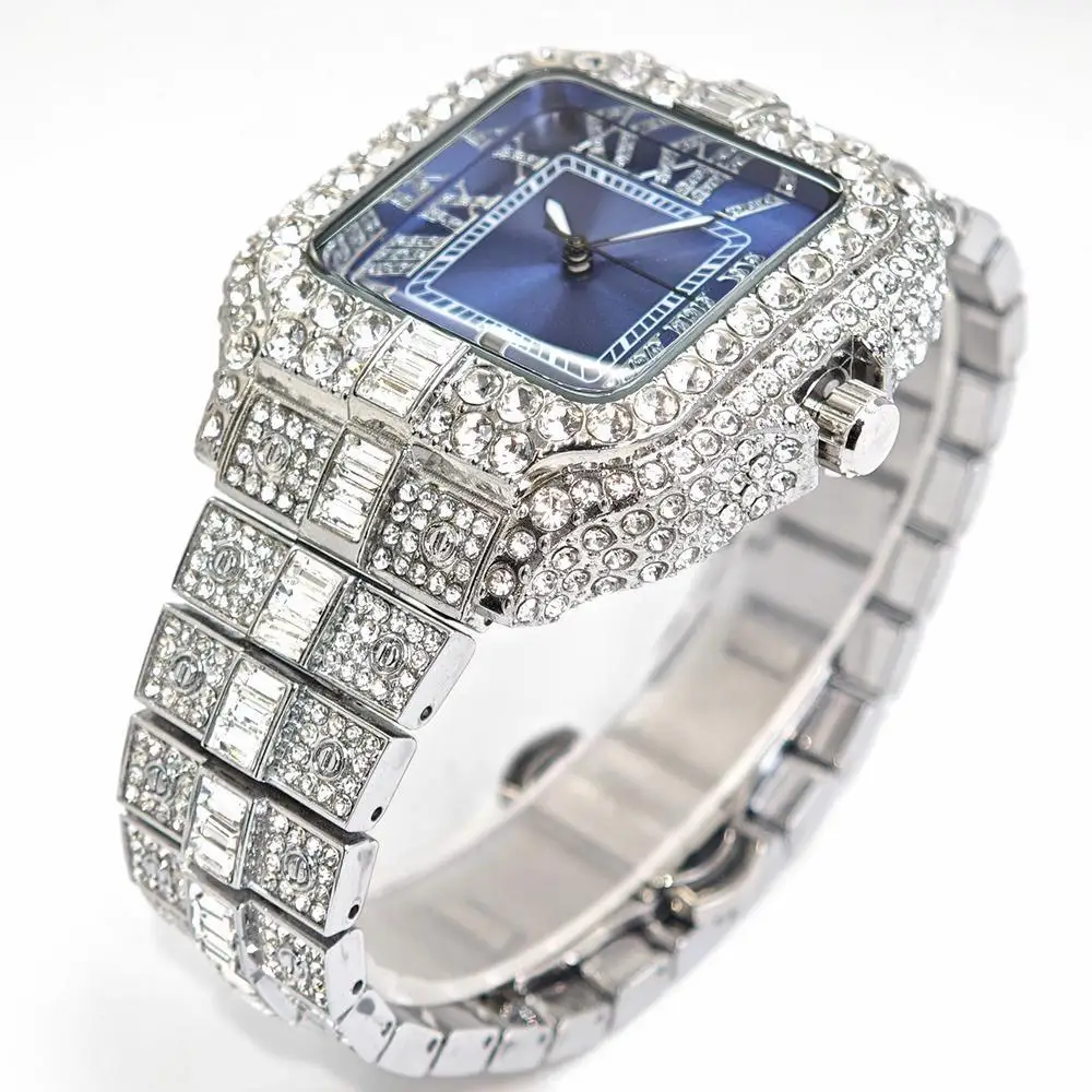 حار بيع مثلج ساعة للرجل موضة ساحة AAA ساعات كوارتز رجالية الهيب هوب مستطيل الماس مجوهرات بلينغ ساعة معصم هدية