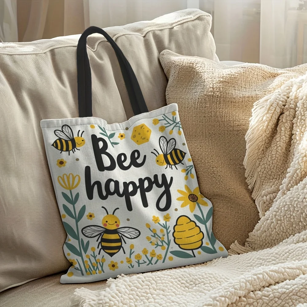 1pc Bee Happy Honeybee Print Shoulder Bag - Lightweight, Stylish Women'S Messenger Bag with Pockets, White & Black Design