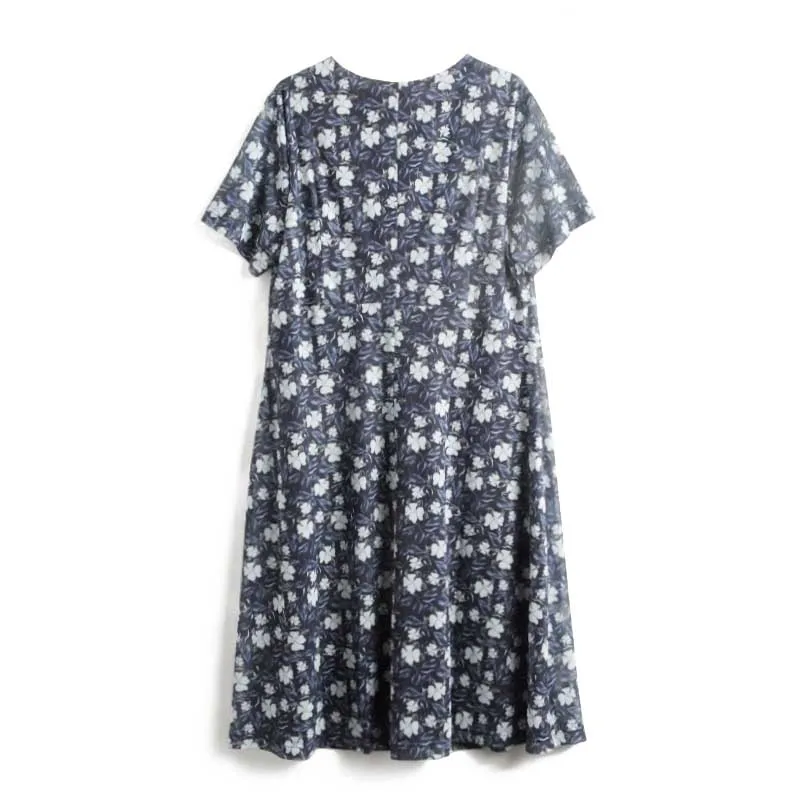 plus Size Women's Summer New V-ne Floral Pattern ort Sve Midi Dr Trendy 32420284 Polyester Fiber Comfortable Fit
