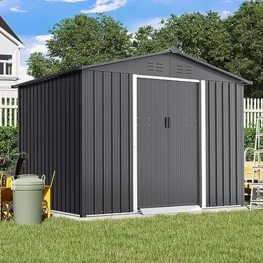 Outdoor backyard garden storage shed 6x8 feet with vented back, steel roof, grey color, double doors for tool and lawn equipmen