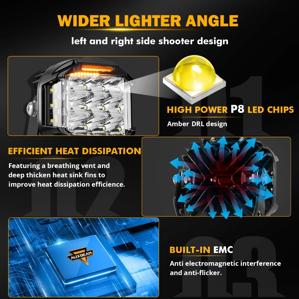 AUXBEAM 4/6Pcs V-MAX SERIES 5inch LED Driving Lights SIDE SHOOTER 168W 16440LM Work Light White Spot lights Amber DRL Combo Beam
