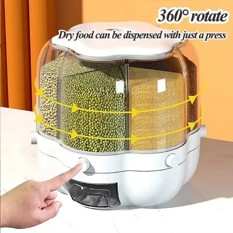

Cereal Dispenser Container Countertop Food Flour Snack Display 360° Rotating Dry Food Storage Jar Tank 6-Grid Food Container