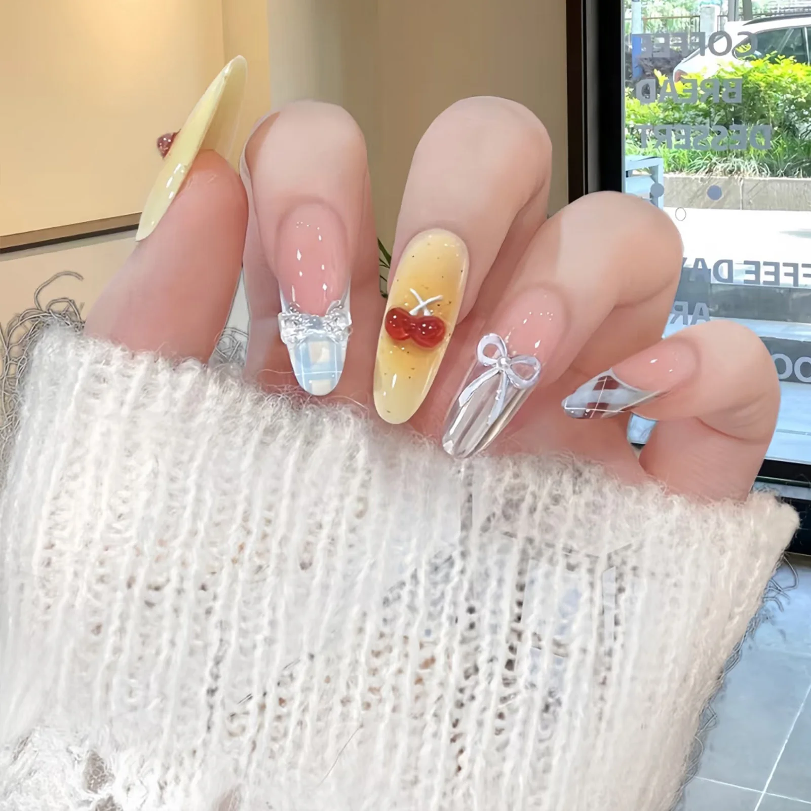 10 Stuks Handgeschilderde Sweetheart Amandel Nep Nagels Franse Tips Met Strik Hars Druk Op Nagels Voor Diy Manicure Party bruiloft